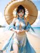 A woman in a blue and white outfit holding an umbrella on the beach.