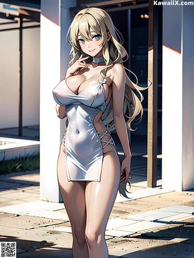 A woman in a white bathing suit posing for a picture.