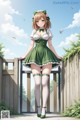 A girl in a green dress and white stockings standing on a fence.